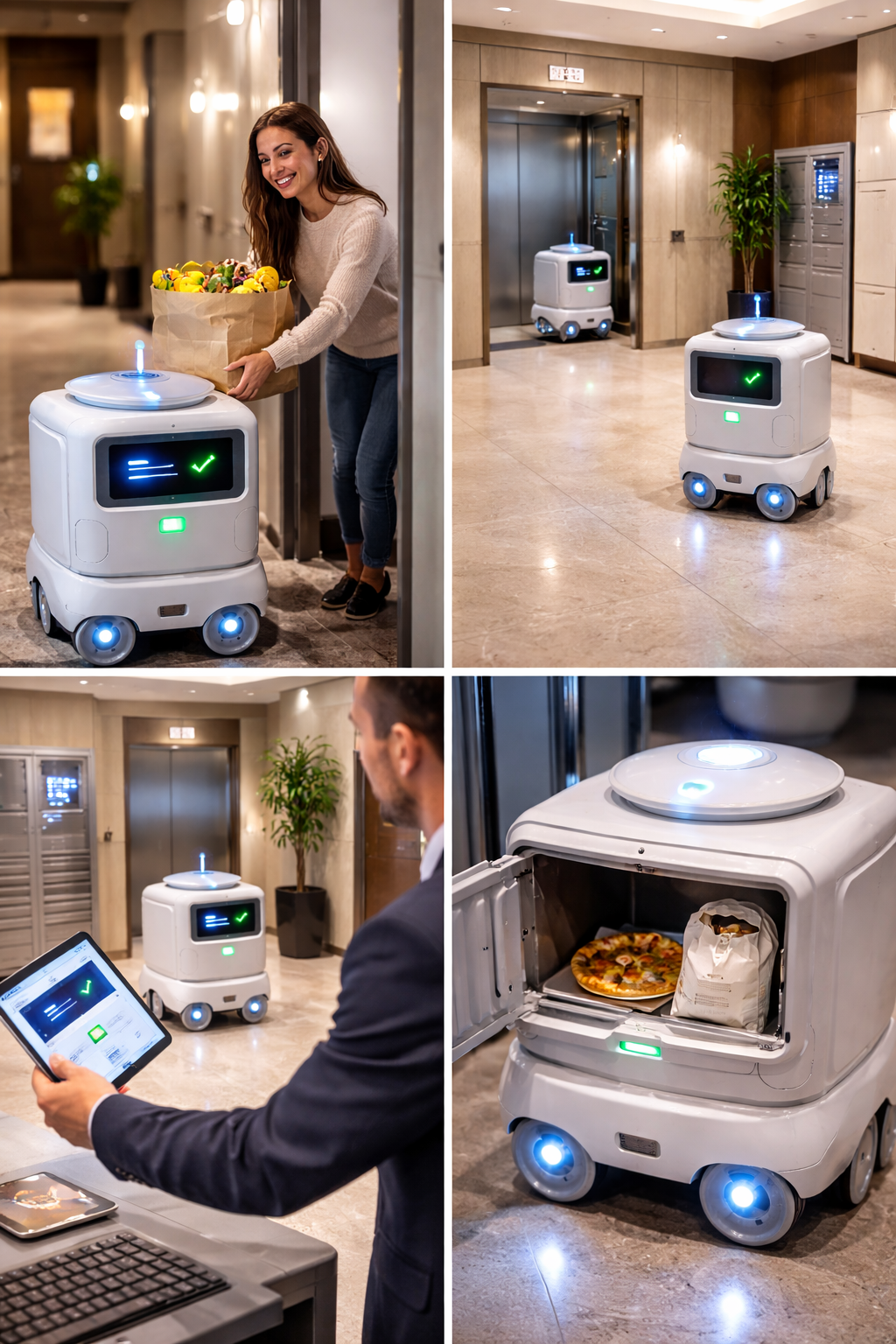 Autonomous delivery robot in a luxury apartment building